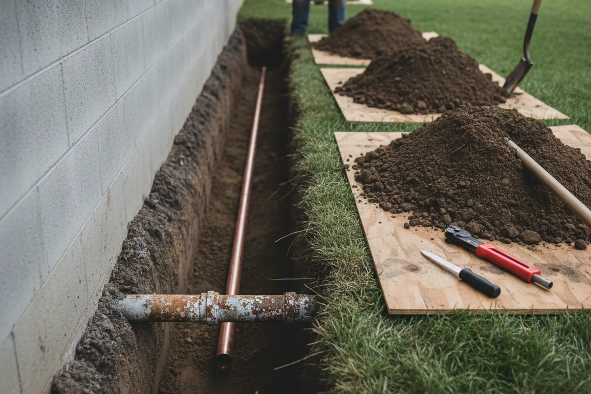 Excavated water line trench during Water Softener Installation in Goodfellow AFB